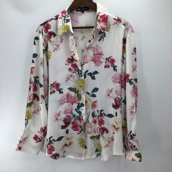 Zara Satin Floral Button Down Long Sleeve Blouse - Pink and Green - Picture 4 of 12